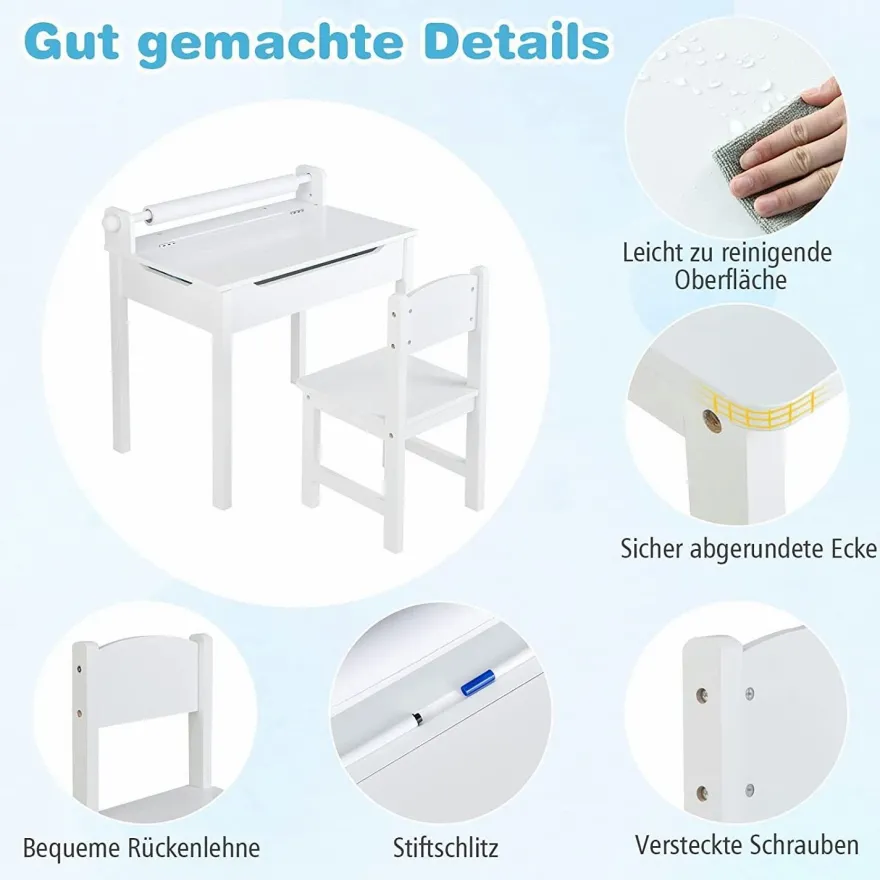 Kinderschreibtisch mit Stuhl, Kindertisch-Set mit klappbarer Tischplatte für Kinder