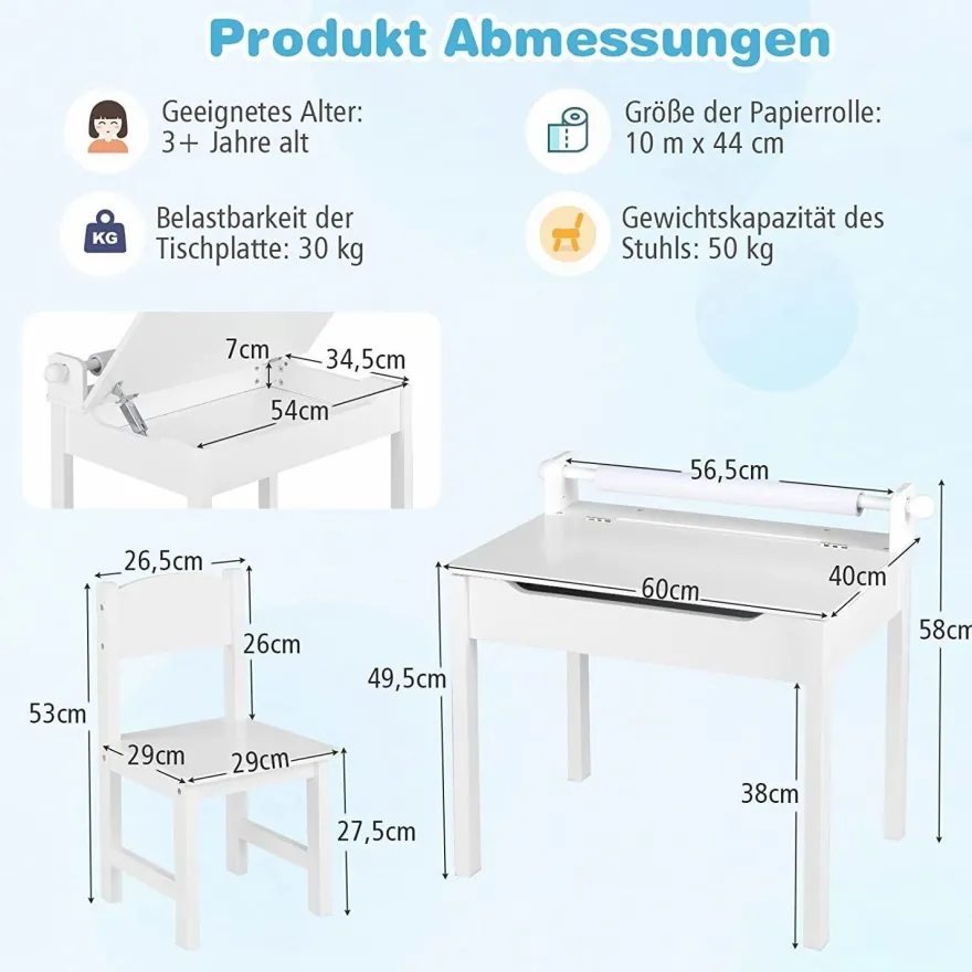 Kinderschreibtisch mit Stuhl, Kindertisch-Set mit klappbarer Tischplatte für Kinder