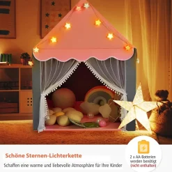 Kinderspielhaus mit Sternenlichter, Prinzessin Prinzess Kinderzelt mit Fenster & Matt
