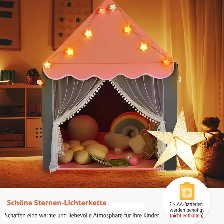 Kinderspielhaus mit Sternenlichter, Prinzessin Prinzess Kinderzelt mit Fenster & Matt