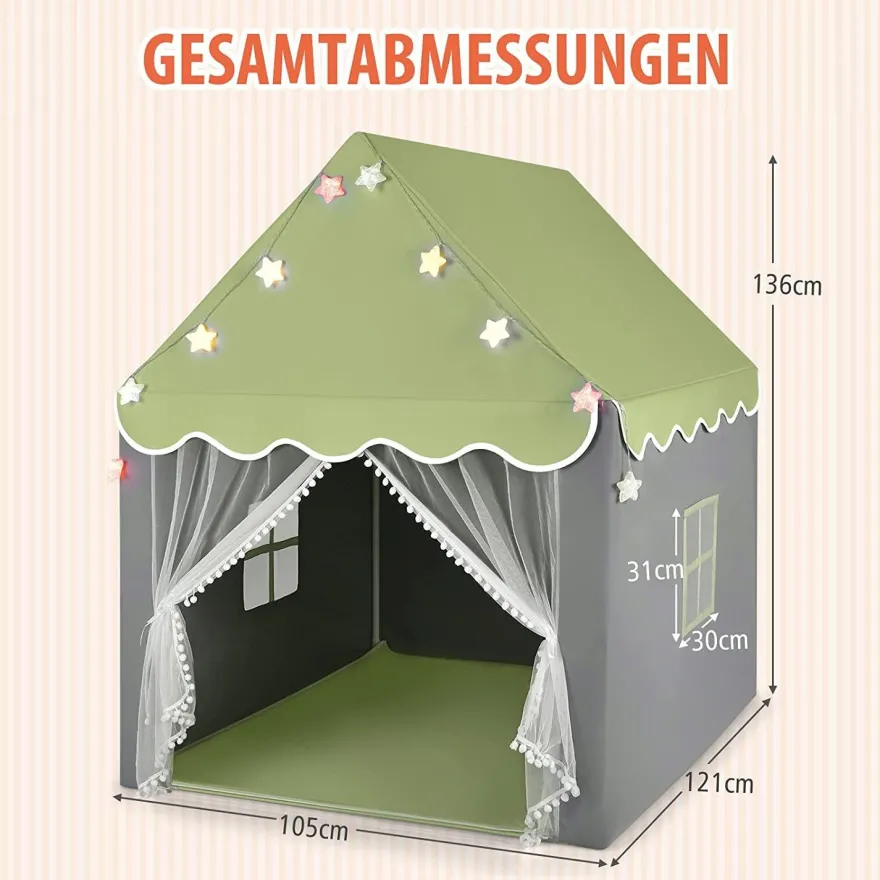 Kinderspielhaus mit Sternenlichter, Prinzessin Prinzess Kinderzelt mit Fenster & Matt