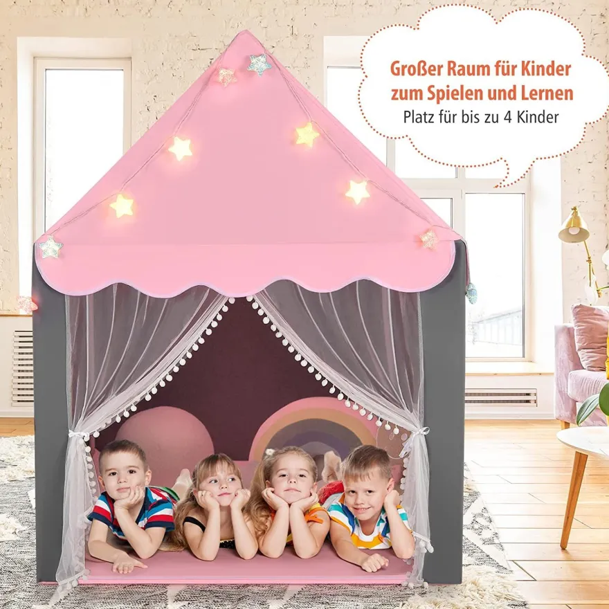 Kinderspielhaus mit Sternenlichter, Prinzessin Prinzess Kinderzelt mit Fenster & Matt