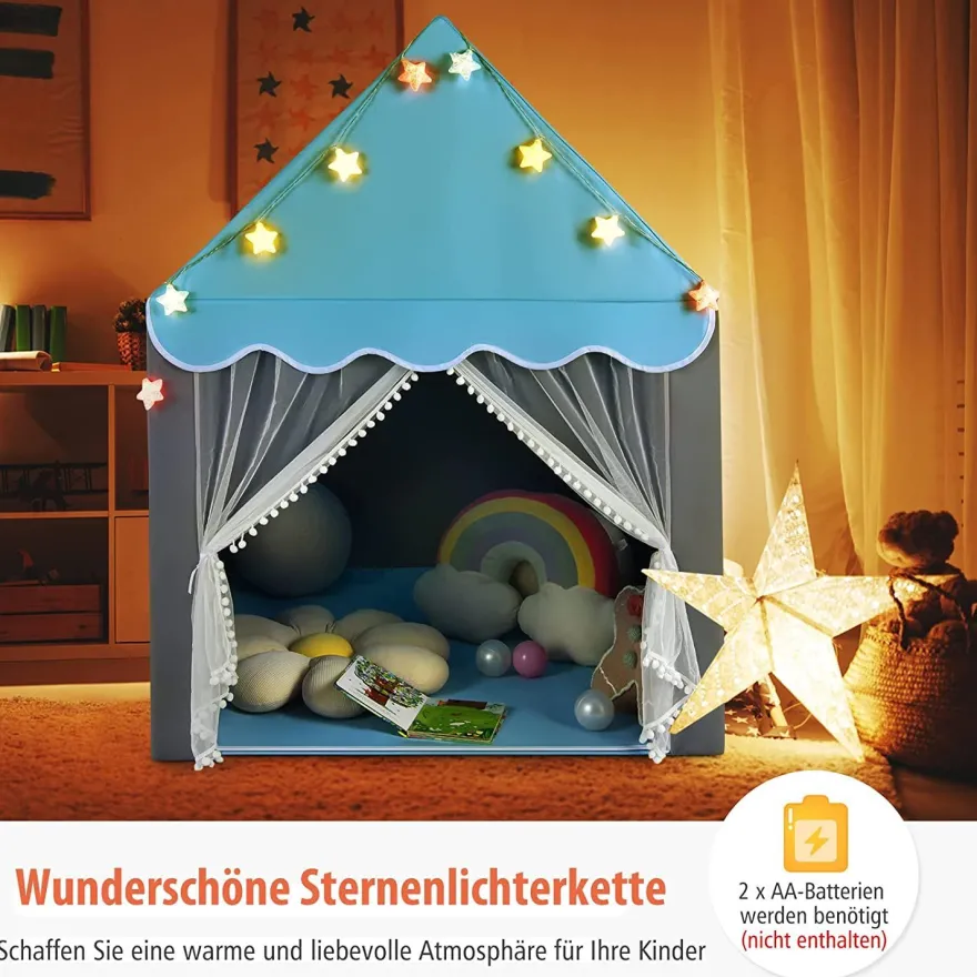 Kinderspielhaus mit Sternenlichter, Prinzessin Prinzess Kinderzelt mit Fenster & Matt