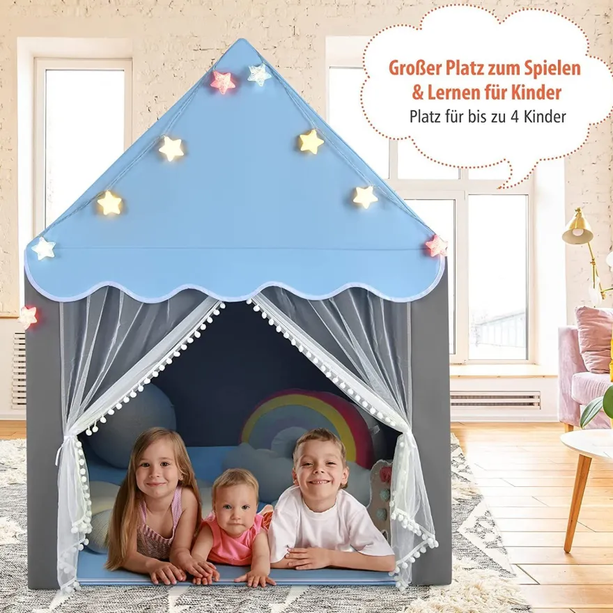 Kinderspielhaus mit Sternenlichter, Prinzessin Prinzess Kinderzelt mit Fenster & Matt