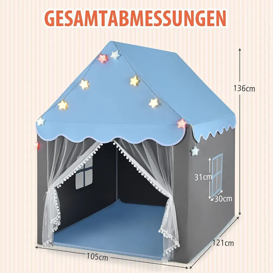 Kinderspielhaus mit Sternenlichter, Prinzessin Prinzess Kinderzelt mit Fenster & Matt