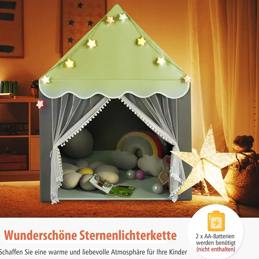 Kinderspielhaus mit Sternenlichter, Prinzessin Prinzess Kinderzelt mit Fenster & Matt