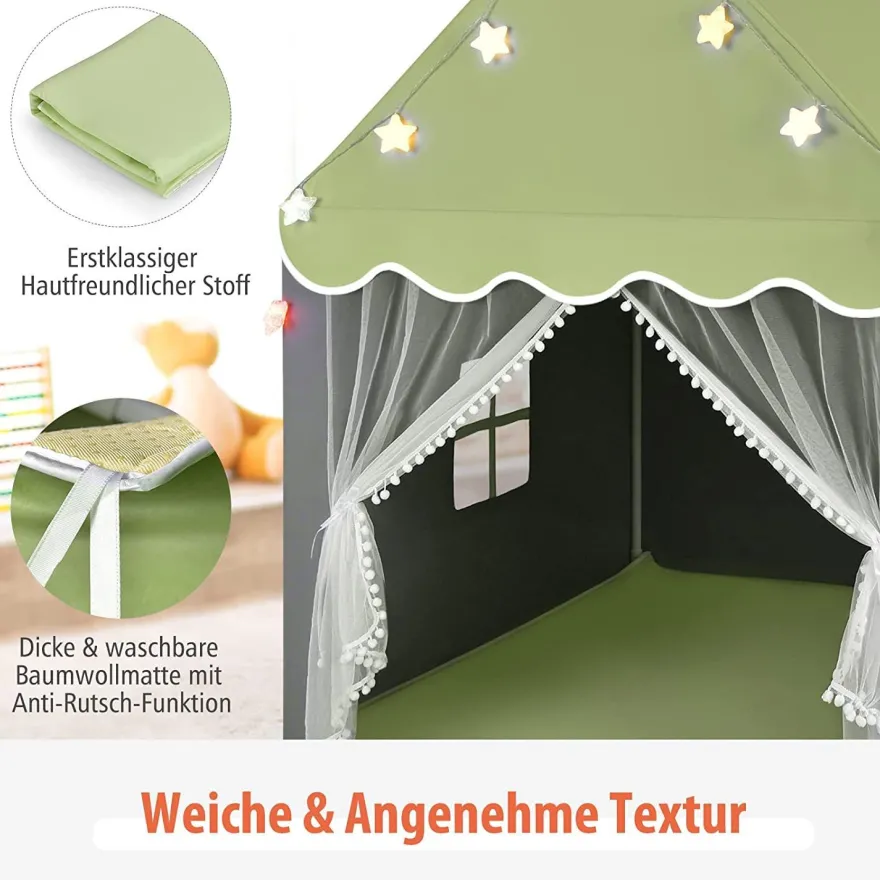 Kinderspielhaus mit Sternenlichter, Prinzessin Prinzess Kinderzelt mit Fenster & Matt