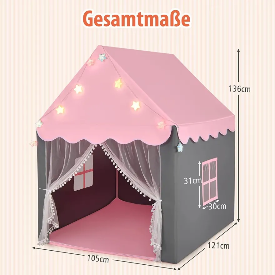 Kinderspielhaus mit Sternenlichter, Prinzessin Prinzess Kinderzelt mit Fenster & Matt