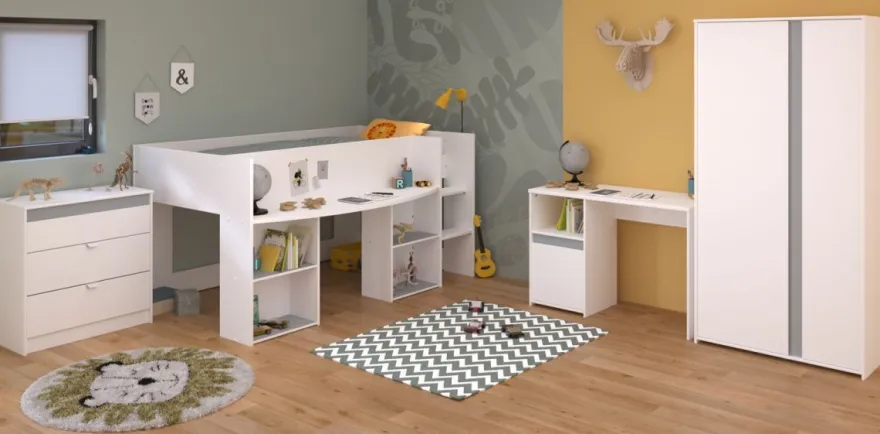 Kinderzimmer Jugendzimmer komplett Set 4-tlg Hoch Bett Kleiderschrank Pirouette