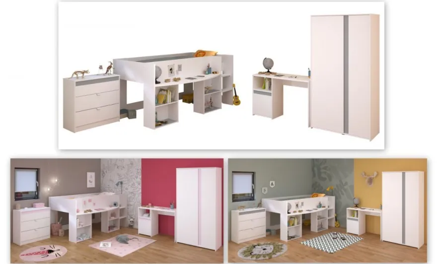 Kinderzimmer Jugendzimmer komplett Set 4-tlg Hoch Bett Kleiderschrank Pirouette