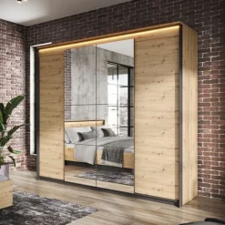 Kleiderschrank 250 cm QUANT QS-05 Schrank 4 Drehtüren 2 Kleiderstangen Led Licht