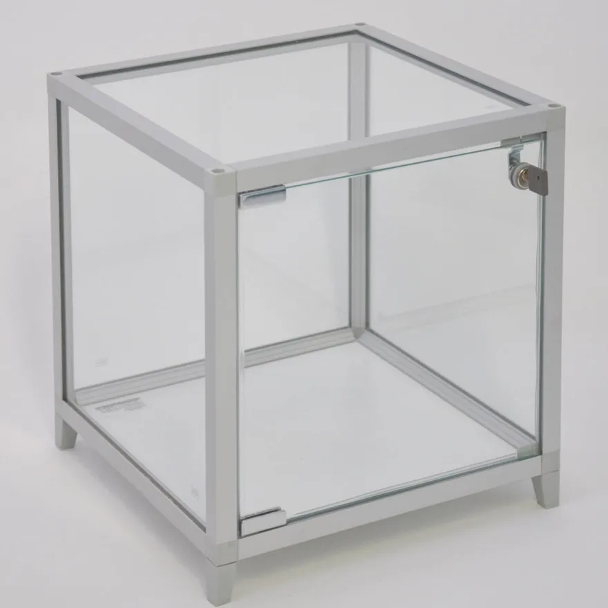 kleine quadratische Tisch Präsentationsvitrine beleuchtet & Schloss 32 cm silber