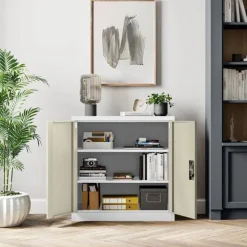 Kleiner Aktenschran Büroschrank mit Flügeltüren 93 x 90 x 40 cm weiß-holzoptik