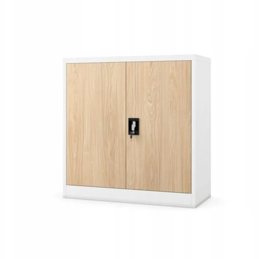 Kleiner Aktenschran Büroschrank mit Flügeltüren 93 x 90 x 40 cm weiß-holzoptik