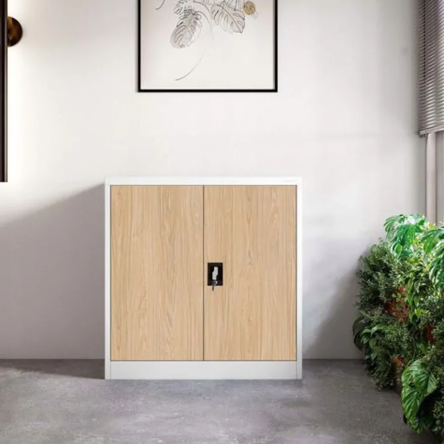 Kleiner Aktenschran Büroschrank mit Flügeltüren 93 x 90 x 40 cm weiß-holzoptik