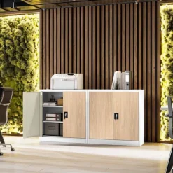 Kleiner Aktenschran Büroschrank mit Flügeltüren 93 x 90 x 40 cm weiß-holzoptik