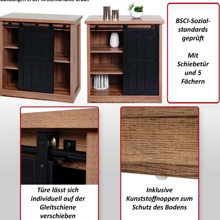 Kommode HWC-K75, Schrank, Schiebetüre 5 Staufächer, Holz-Optik Industrial 84x80x40cm