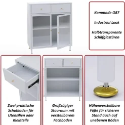 Kommode HWC-O87, Schrank Staufächer Schublade Industrial Metall Schilfglas 96x80x40cm