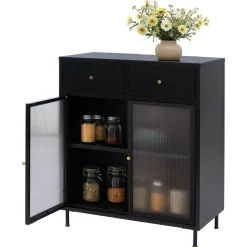 Kommode HWC-O87, Schrank Staufächer Schublade Industrial Metall Schilfglas 96x80x40cm