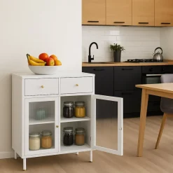 Kommode HWC-O87, Schrank Staufächer Schublade Industrial Metall Schilfglas 96x80x40cm