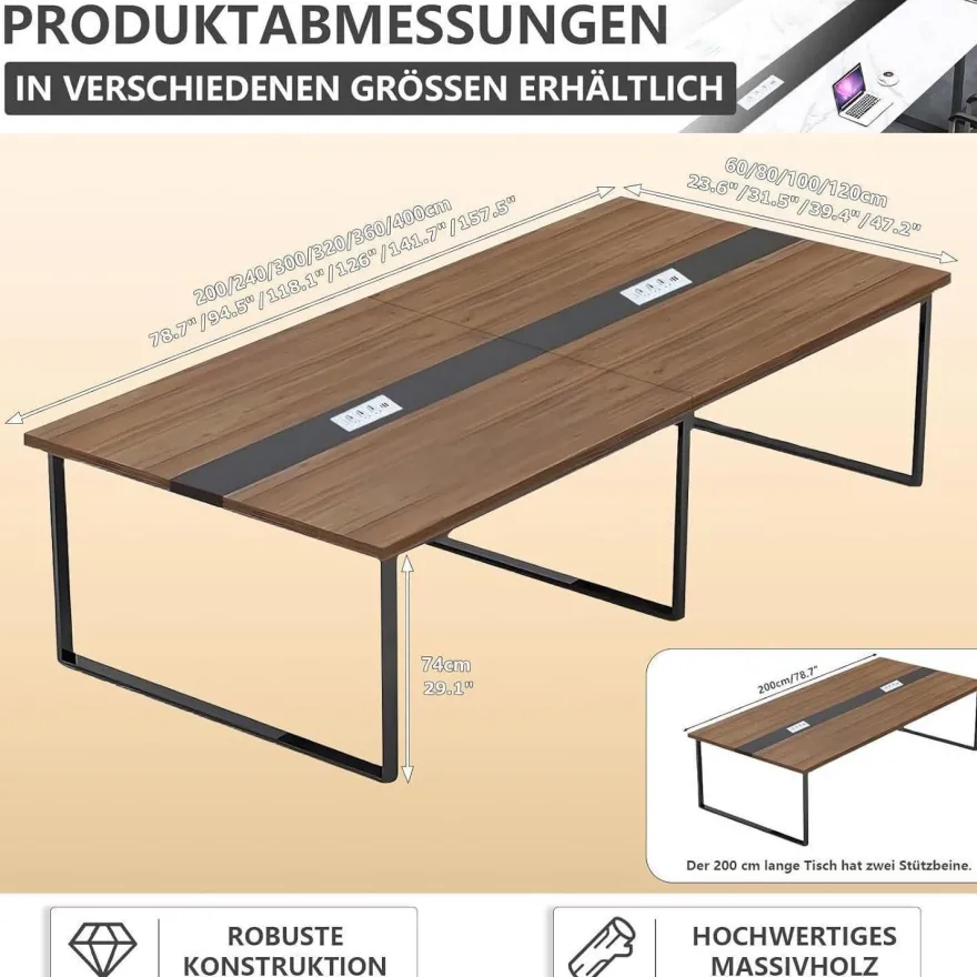 Konferenztisch mit Kabelmanagement, großer Besprechungstisch modern für Büro