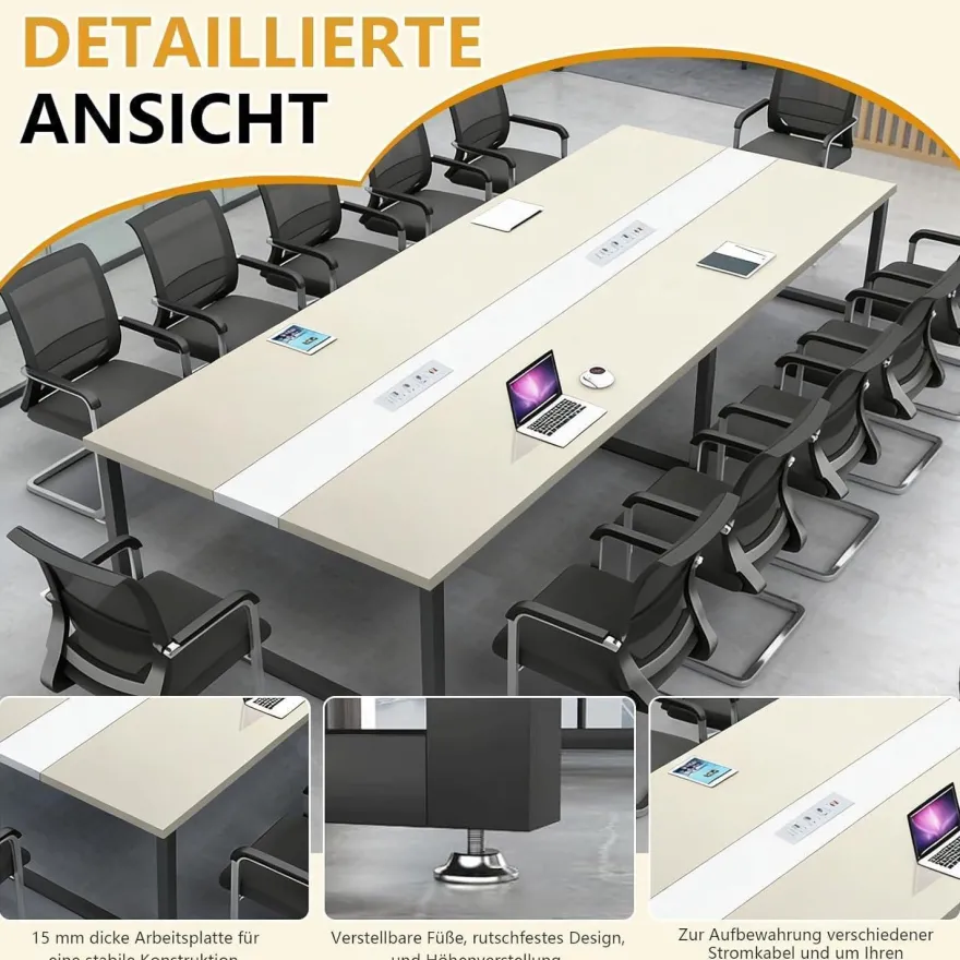 Konferenztisch 240x80cm mit Kabelmanagement - Moderner Besprechungstisch für