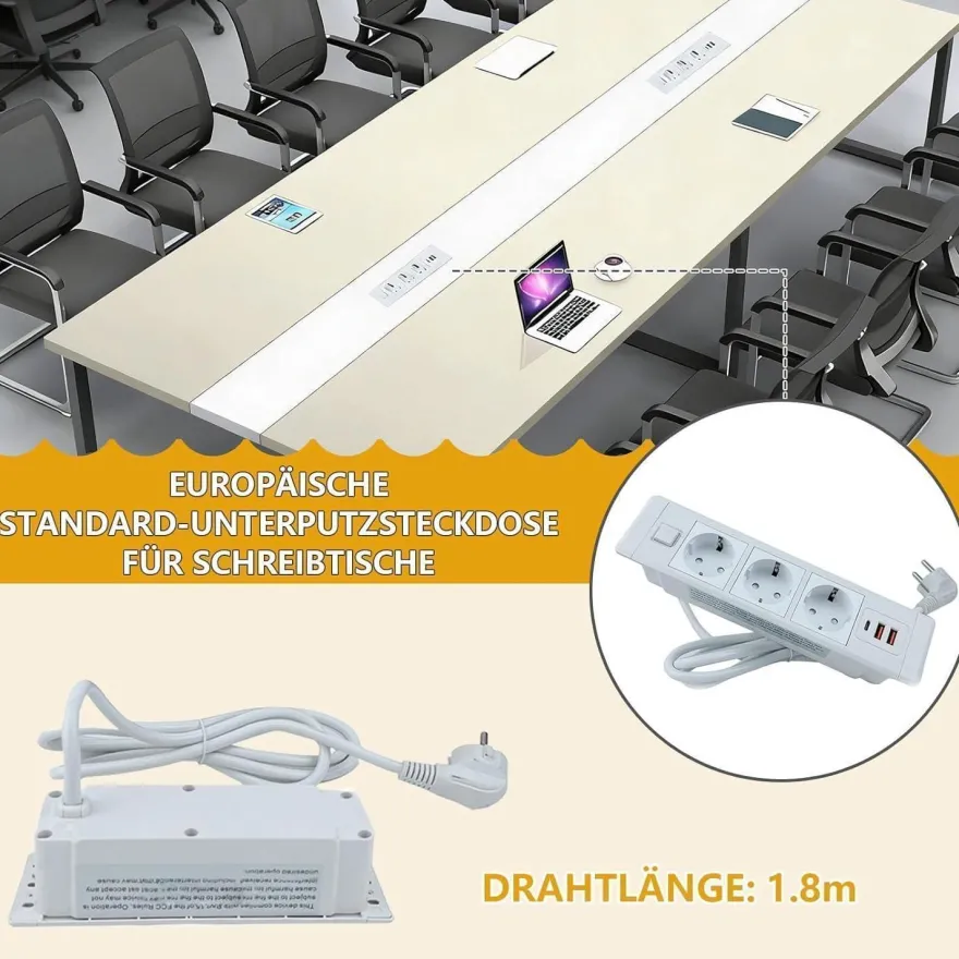 Konferenztisch 240x120cm mit Kabelmanagement, Moderner Besprechungstisch für