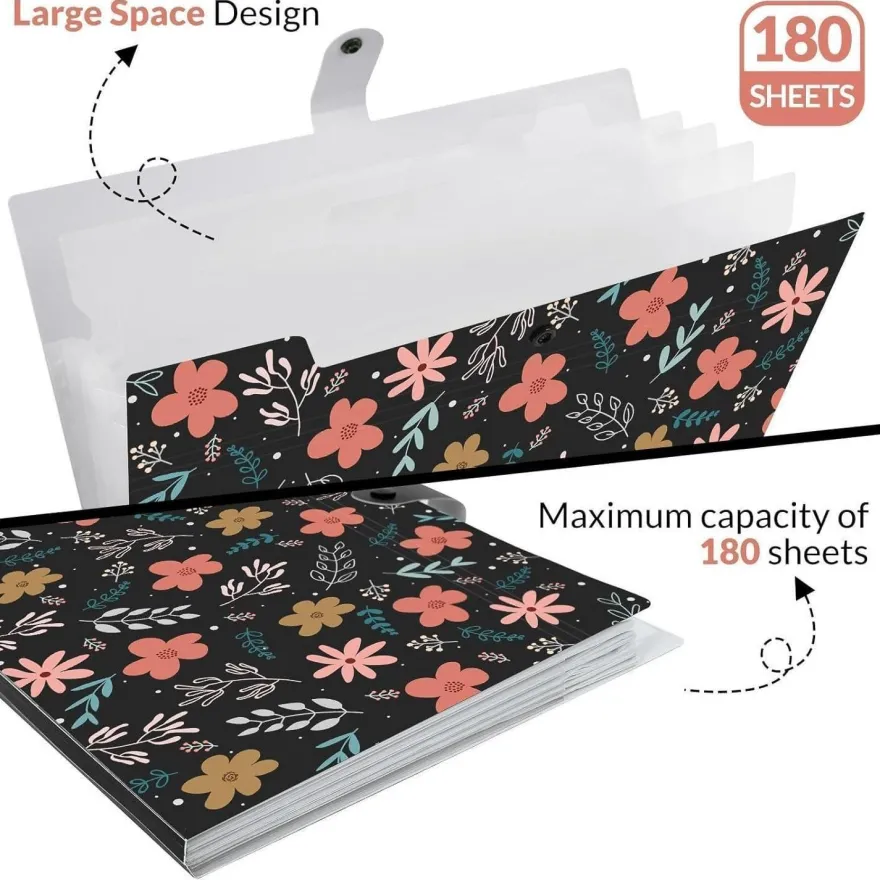 Konvinit Dokumentenmappe A4 mit 6 Fächern - Blumenmuster, ideal für Büro