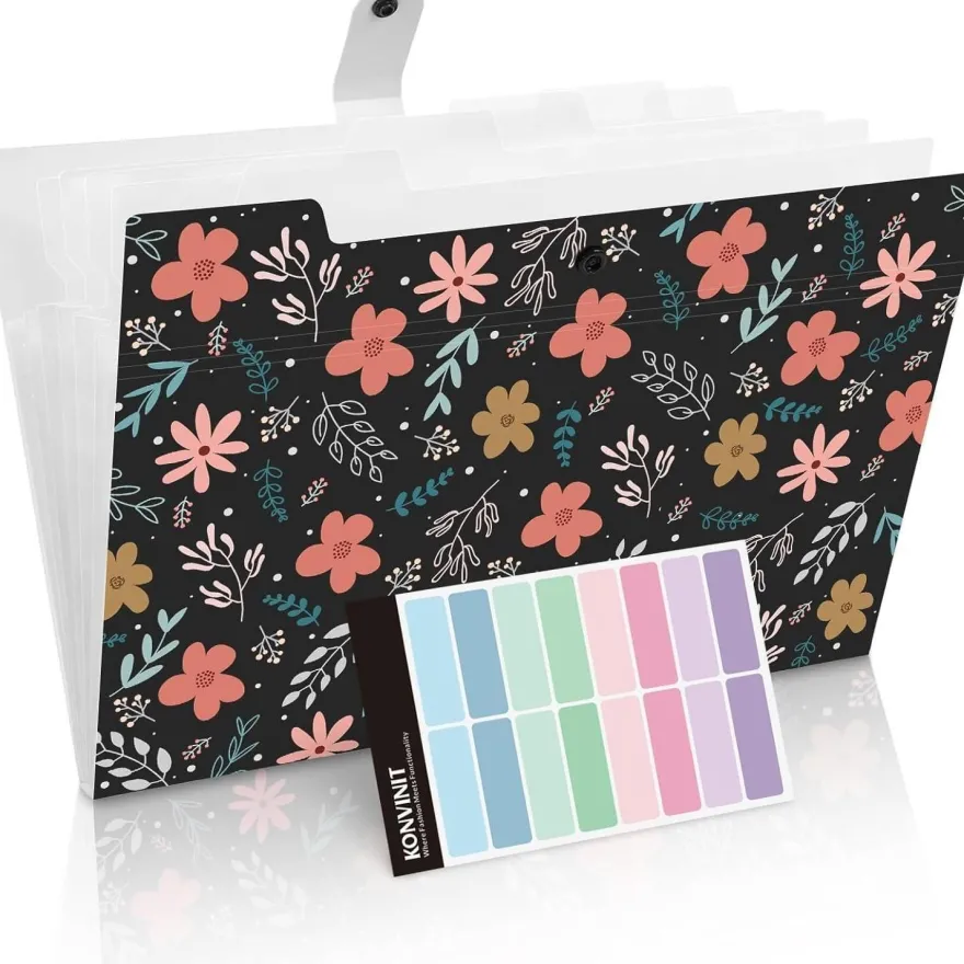 Konvinit Dokumentenmappe A4 mit 6 Fächern - Blumenmuster, ideal für Büro