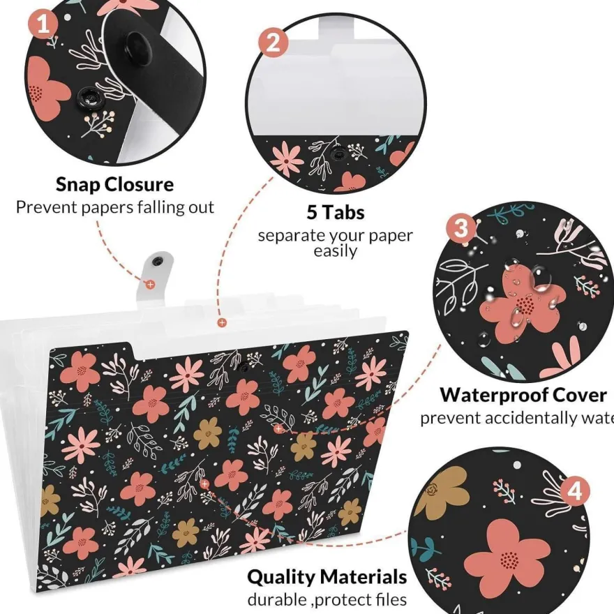 Konvinit Dokumentenmappe A4 mit 6 Fächern - Blumenmuster, ideal für Büro