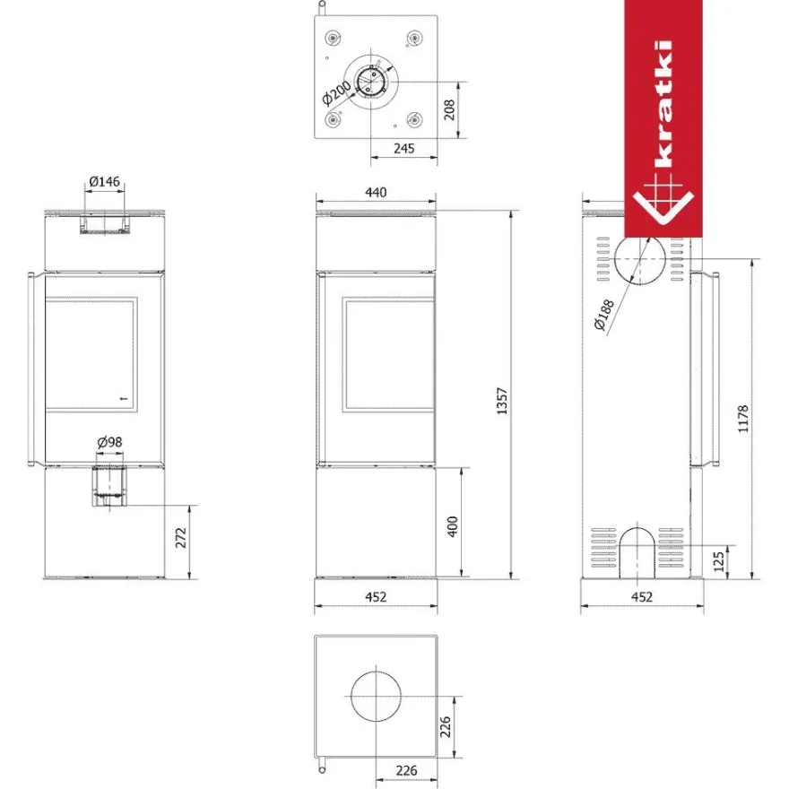 KRATKI REN/S Kaminofen rechts Ø150 mm 7?kW Stahl Schwarz, Modern & Effizient