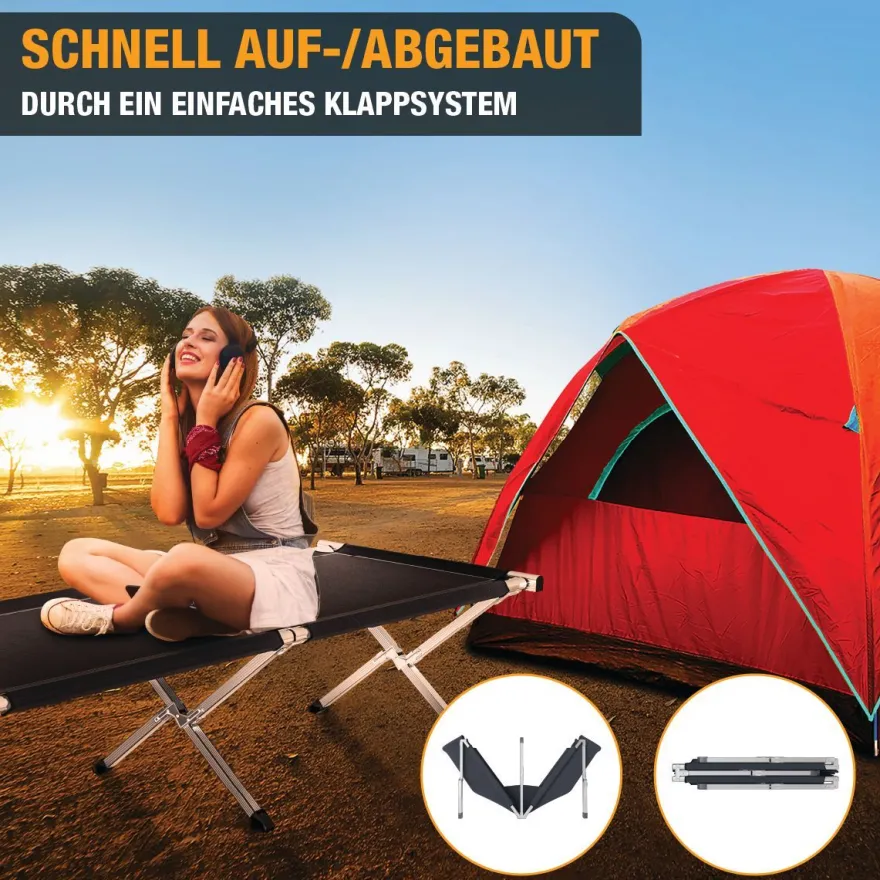 Kronenburg XXL Campingbett Feldbett 210 x 72 x 45 cm - belastbar bis 200 kg - schwarz