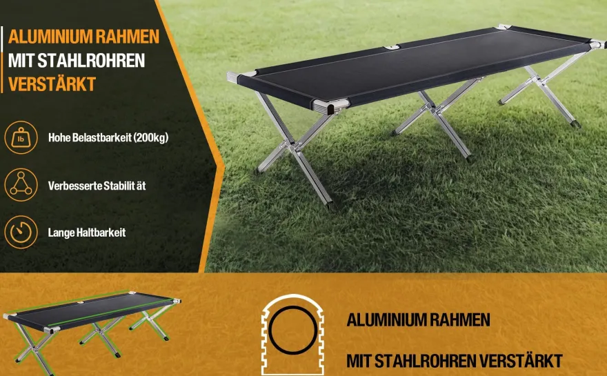 Kronenburg XXL Campingbett Feldbett 210 x 72 x 45 cm - belastbar bis 200 kg - schwarz