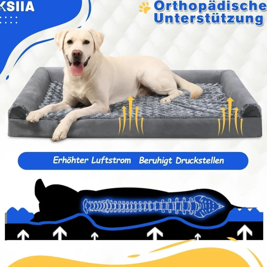 KSIIA Orthopädisches Hundebett XXL (121x76x18cm) Grau - Abnehmbarer Bezug, 3
