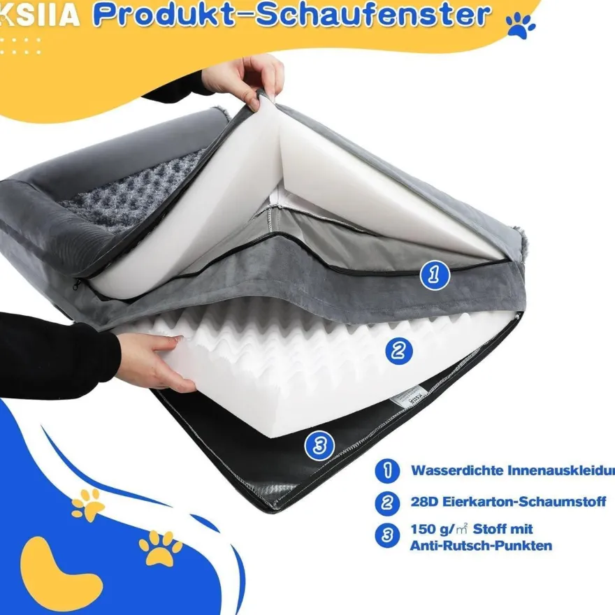 KSIIA Orthopädisches Hundebett XXL (121x76x18cm) Grau - Abnehmbarer Bezug, 3