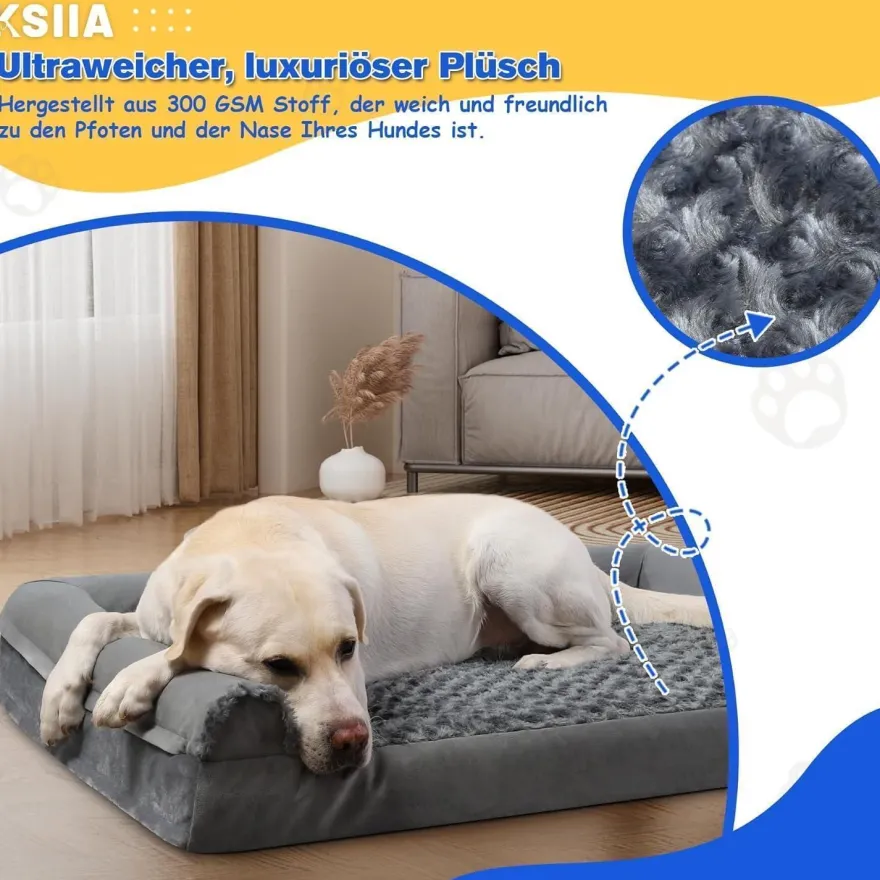 KSIIA Orthopädisches Hundebett XXL (121x76x18cm) Grau - Abnehmbarer Bezug, 3