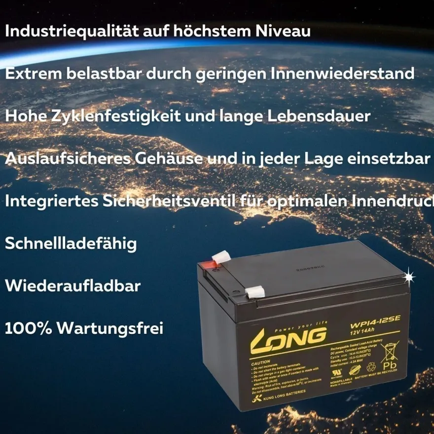 Kung Long WP14-12SE Akku-Satz 24V 14Ah für Robomow 24V Rasenroboter – 2x 12V AGM