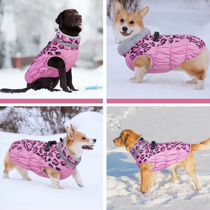 Kuoser Hundemantel Winter Rosa Leopard für kleine Hunde, Wasserdicht