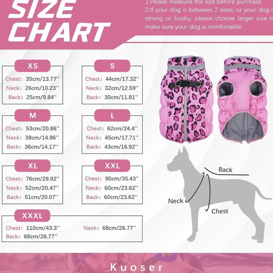 Kuoser Hundemantel Winter Rosa Leopard für kleine Hunde, Wasserdicht