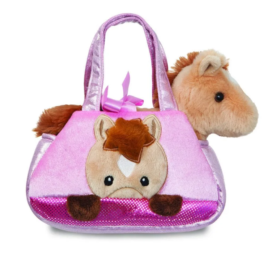 1 Kuscheltier in Handtasche, Katze, Pferd, Einhorn, Alpaka, 18 cm, Plüschtier Tasche