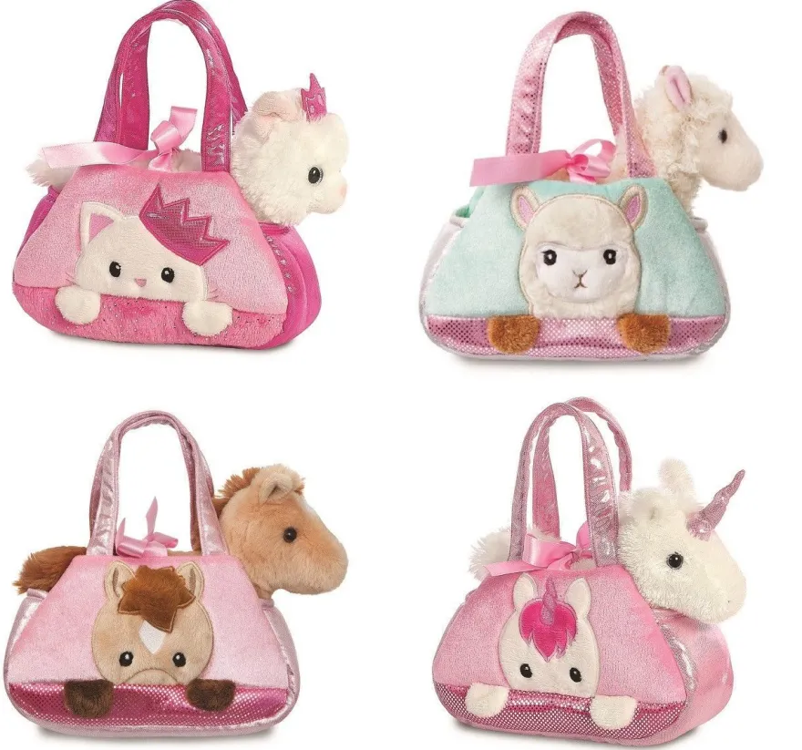 1 Kuscheltier in Handtasche, Katze, Pferd, Einhorn, Alpaka, 18 cm, Plüschtier Tasche
