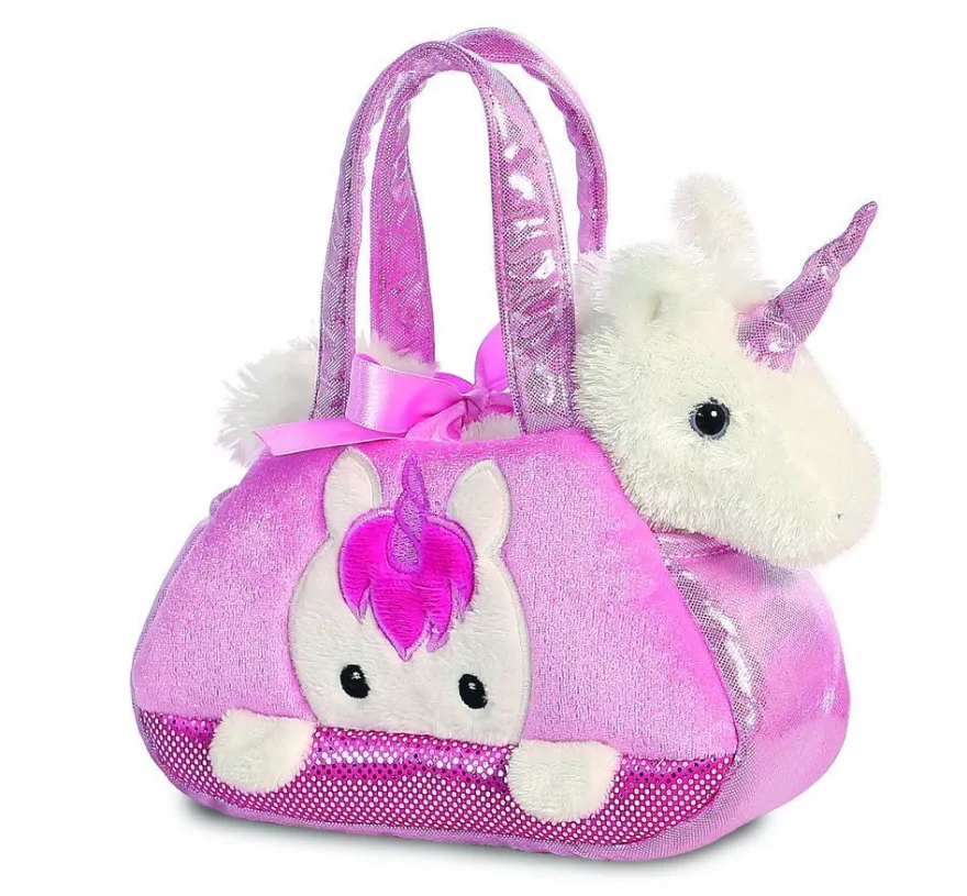 1 Kuscheltier in Handtasche, Katze, Pferd, Einhorn, Alpaka, 18 cm, Plüschtier Tasche