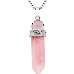 Kyeygwo Schmuckstein Punkt Anhänger Halskette Rosenquarz Hexagon Versilbert Reiki