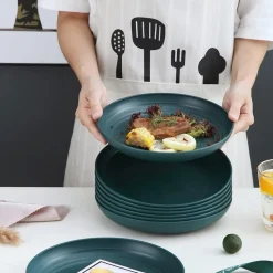 Kyraton 8er Set 23cm Dunkelgrün Kunststoff Teller Speise-/Pasta-/Knödel-Schüssel