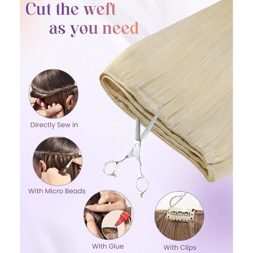LaaVoo Echthaar Tressen zum Einnähen Blond Remy Extensions 60cm 100g - Bleiche
