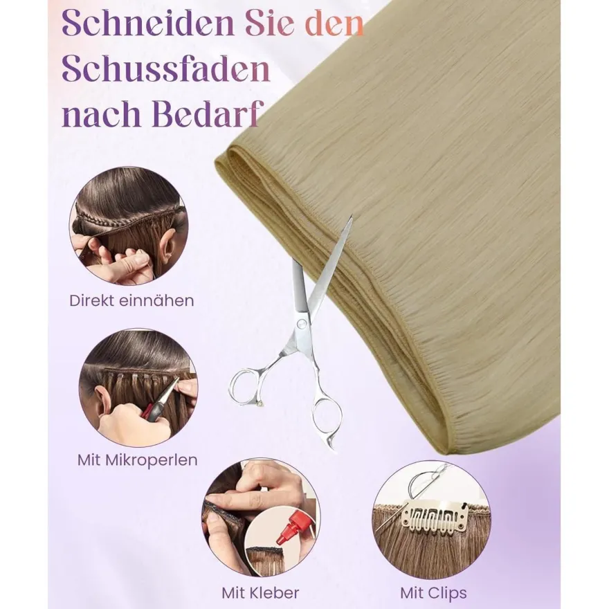 LaaVoo Echthaar Tressen zum Einnähen Blond Remy Extensions 60cm 100g - Bleiche