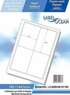 LabelOcean LO-0004-B-70-100, 400 Etiketten, 100x144,5 mm, 100 Blatt DIN A4, 70g/ qm