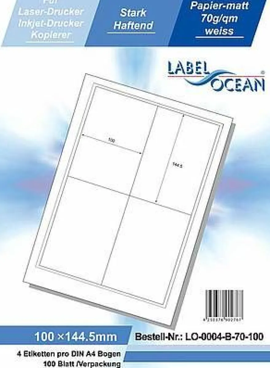 LabelOcean LO-0004-B-70-100, 400 Etiketten, 100x144,5 mm, 100 Blatt DIN A4, 70g/ qm