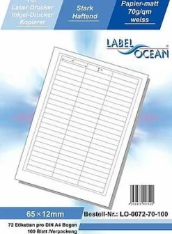 LabelOcean LO-0072-70-100, 7200 Etiketten, 65x12 mm, 100 Blatt DIN A4, 70g/ qm