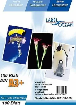 LabelOcean Premium Fotopapier 100Blatt A3+ (330x480mm) 180g/ qm Highglossy hochglänze